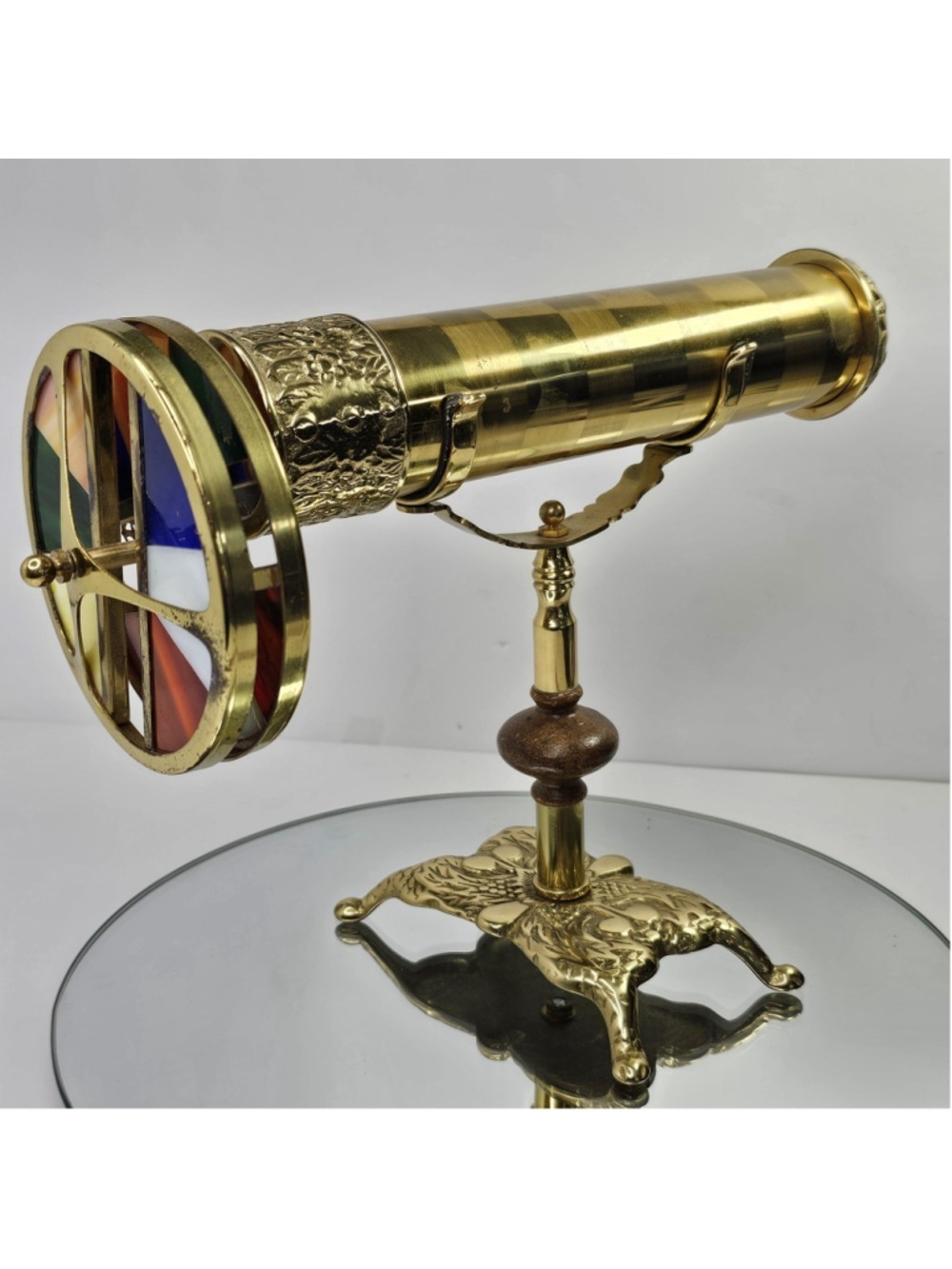 Vintage Brass Tabletop Kaleidoscope Telescope Style Stained Glass Wheel Decor